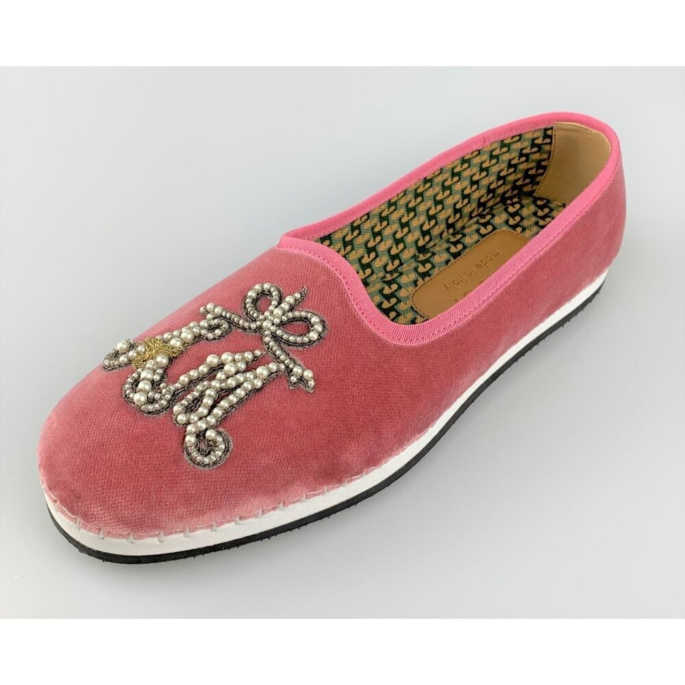 NIB Gucci Pink Velvet Pearl Monogram Slip on Loafers Size 4.5 - Picture 2 of 11